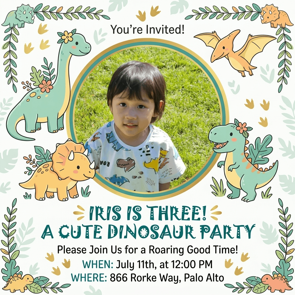 Iris is three! A cute dinosaur party invitation.